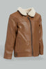 Redtag-Brown-Sherpa-Lining-And-Collar-Pu-Jacket-Jackets-Infant-Boys-3 to 24 Months