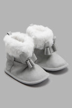 Load image into Gallery viewer, Redtag-Grey-Bow-Trim-Pram-Booties-Character,-Colour:Pale-Grey,-Filter:Baby-Footwear-(0-to-18-Mths),-NBF-Boots,-New-In,-New-In-NBF-FOO,-Non-Sale,-W21B-Baby-0 to 18 Months
