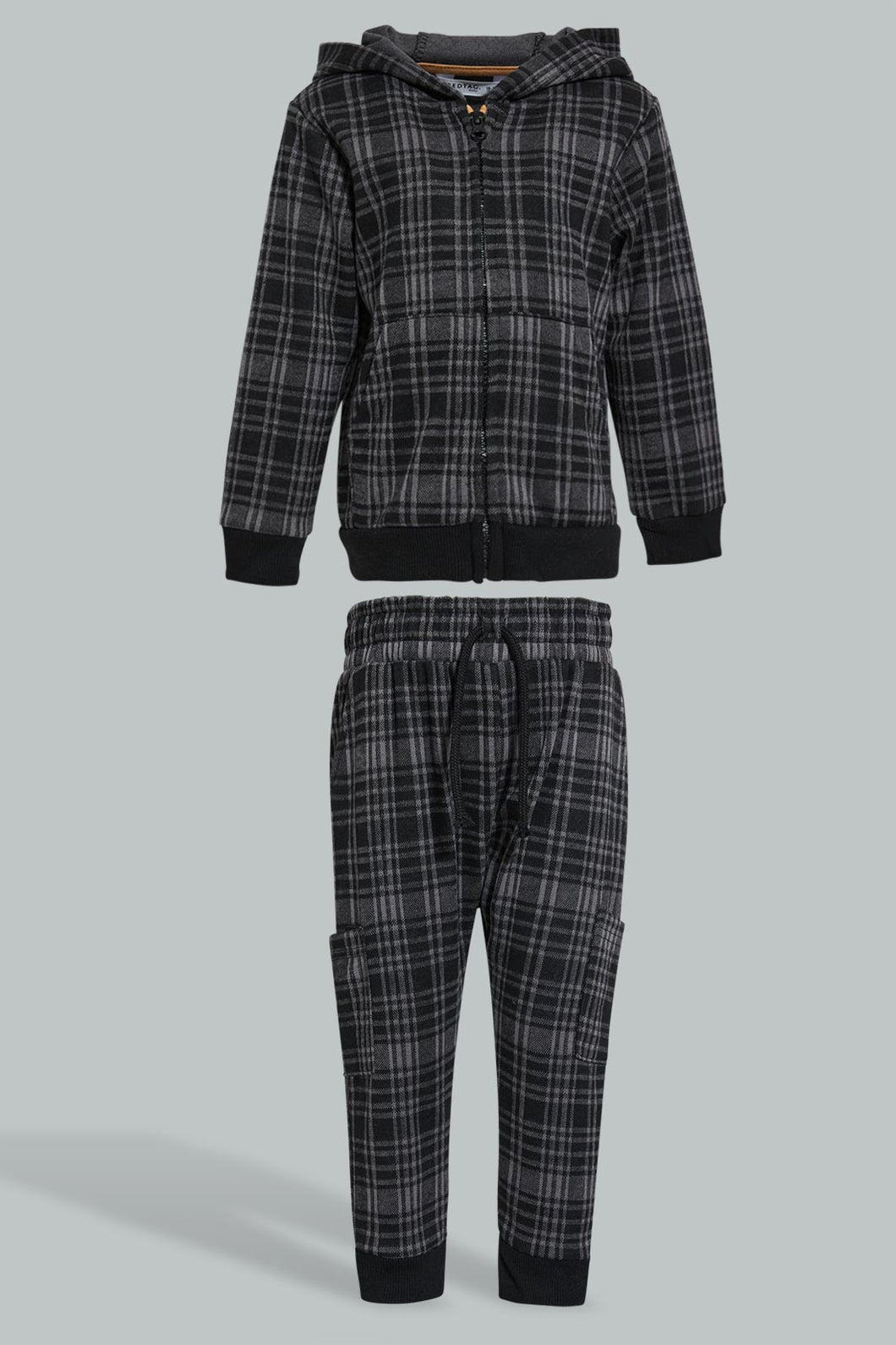 Redtag-Black-Checked-Hoody-Woven-Jog-Set-With-Zip-Through-Jog-Sets-Infant-Boys-3 to 24 Months