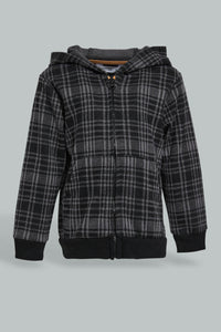 Redtag-Black-Checked-Hoody-Woven-Jog-Set-With-Zip-Through-Jog-Sets-Infant-Boys-3 to 24 Months