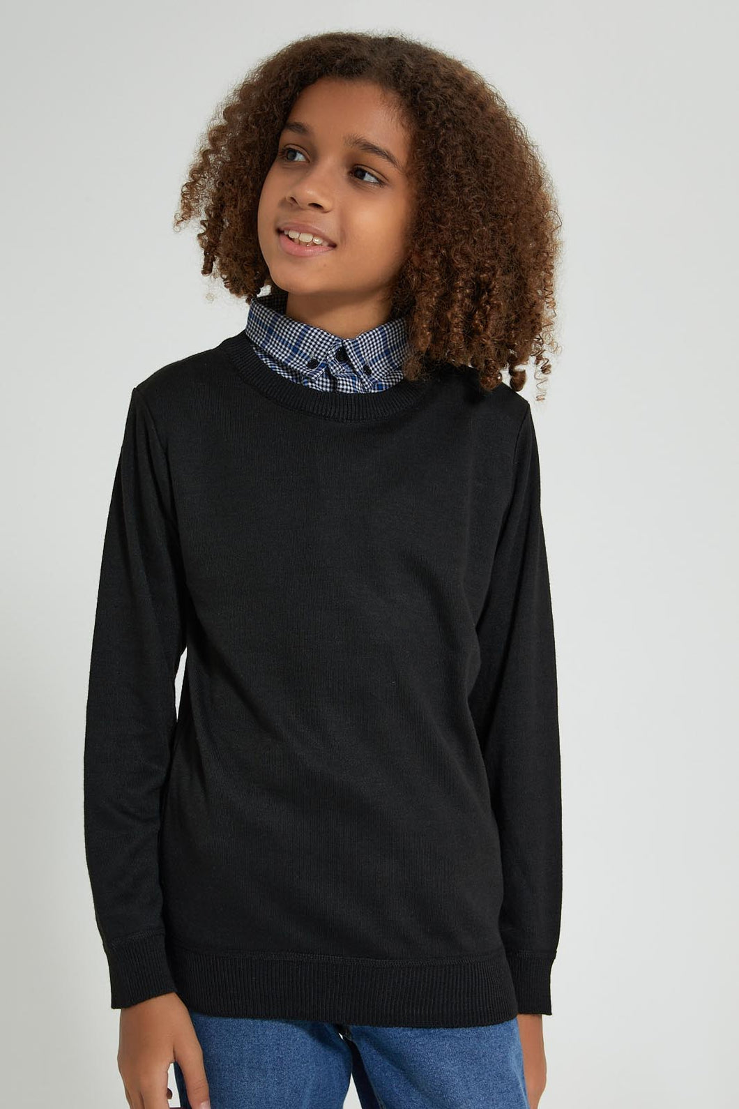 Redtag-Black-Collared-Plain-Pullover-Pullovers-Senior-Boys-9 to 14 Years