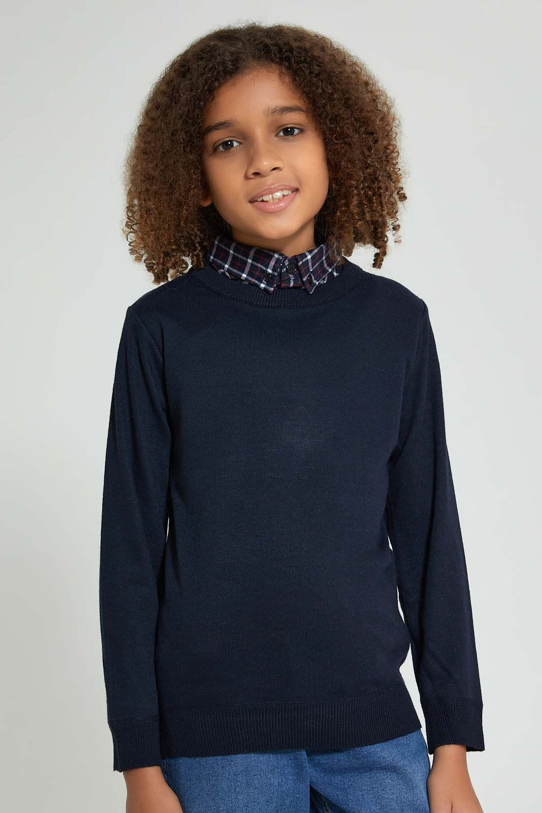Navy Pullover With Shirt Collar