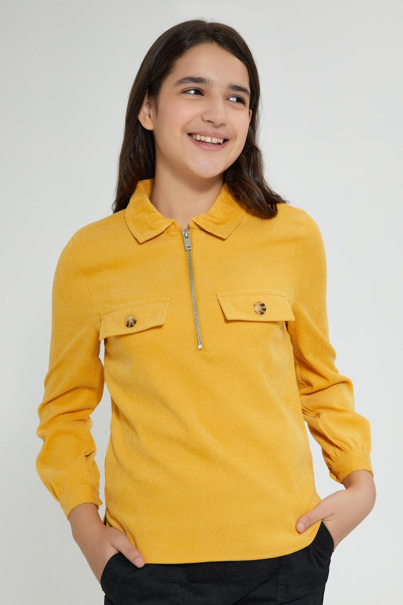Redtag-Mustard-Cordurouy-Collared-Top-Blouses-Senior-Girls-9 to 14 Years