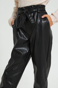 Redtag-Black-Pu-Paperbag-Trouser-With-Belt-Cargo-Pants-Senior-Girls-9 to 14 Years