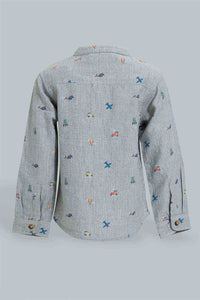 Redtag-Grey-Printed-Mandarin-Shirts-Casual-Shirts-Infant-Boys-3 to 24 Months