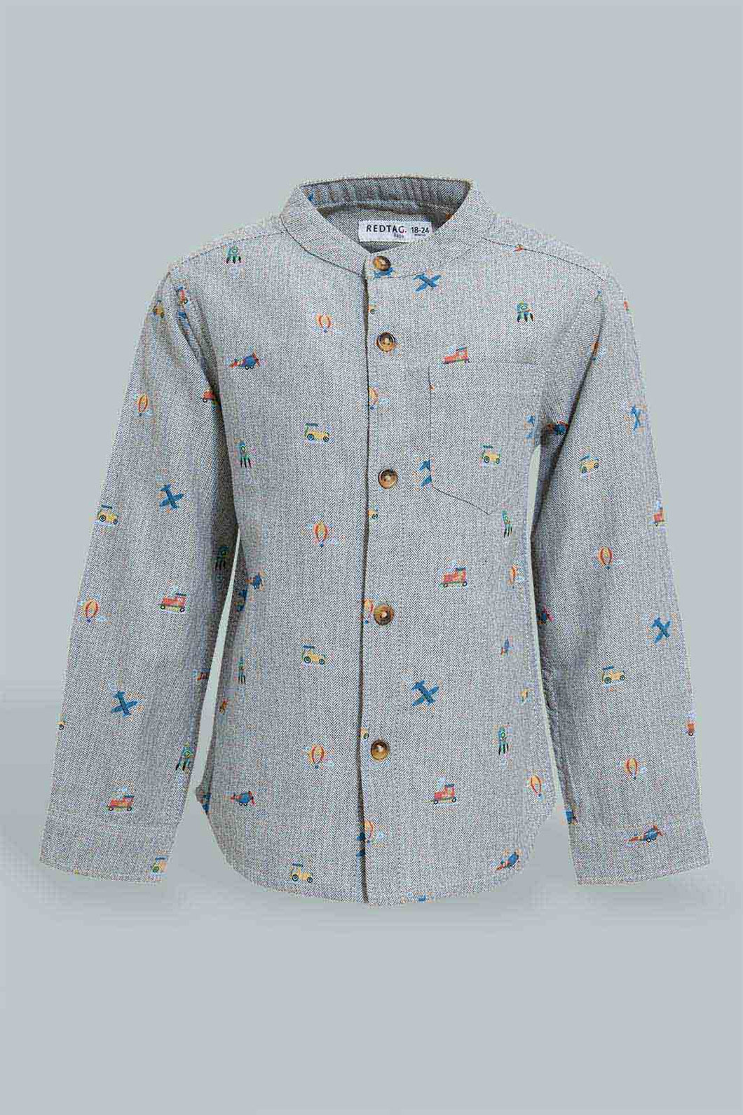 Redtag-Grey-Printed-Mandarin-Shirts-Casual-Shirts-Infant-Boys-3 to 24 Months