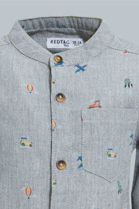 Redtag-Grey-Printed-Mandarin-Shirts-Casual-Shirts-Infant-Boys-3 to 24 Months