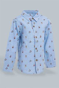 Redtag-Blue-Herringbone-Printed-Button-Down-Long-Sleeve-Shirts-Casual-Shirts-Infant-Boys-3 to 24 Months