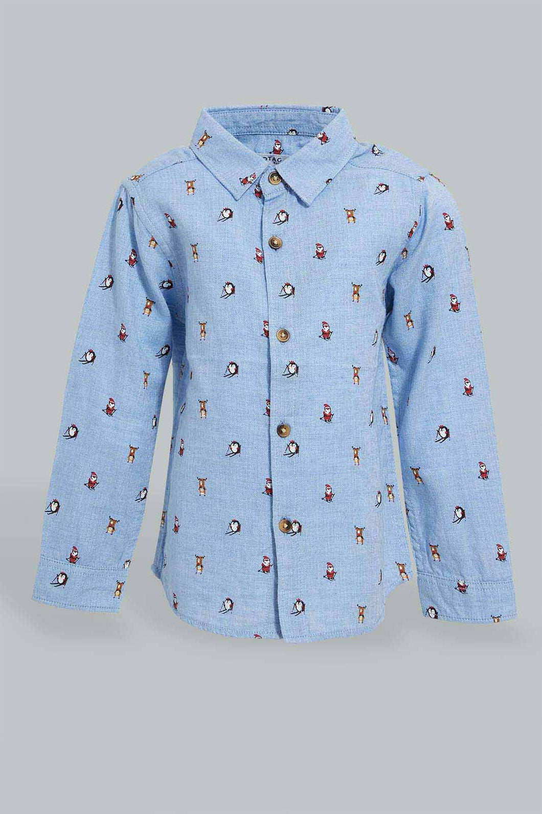 Redtag-Blue-Herringbone-Printed-Button-Down-Long-Sleeve-Shirts-Casual-Shirts-Infant-Boys-3 to 24 Months