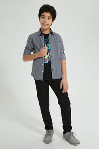 Redtag-Black-Check-With-T-Shirt-Casual-Shirts-Senior-Boys-9 to 14 Years