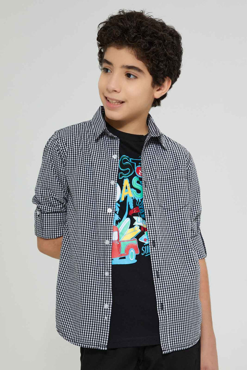 Redtag-Black-Check-With-T-Shirt-Casual-Shirts-Senior-Boys-9 to 14 Years