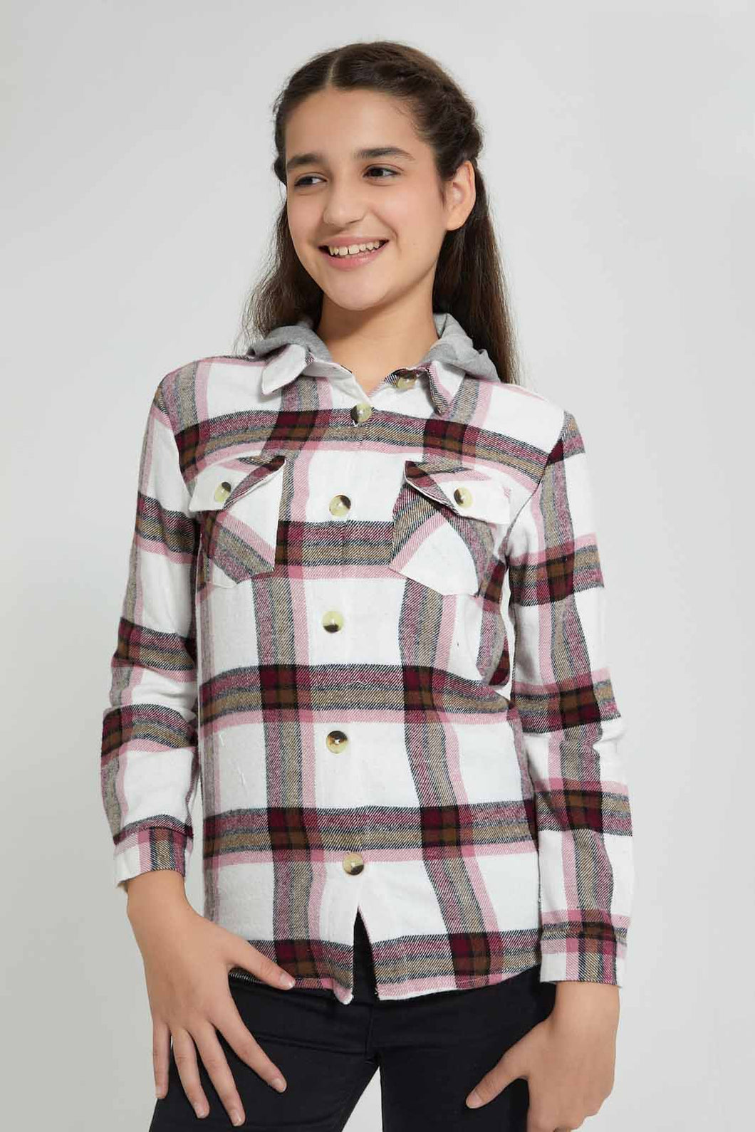 Redtag-Pink-Plaid-Flannel-Hooded-Shirt-Blouses-Senior-Girls-9 to 14 Years