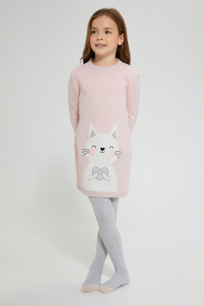 Redtag-Assorted-Cat-Embroidery-Sweater-Dress-Dresses-Girls-2 to 8 Years