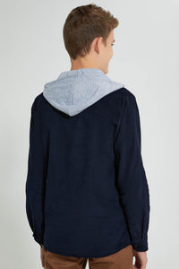 Redtag-Navy-Corduroy-Hoody-Casual-Shirt-Casual-Shirts-Senior-Boys-9 to 14 Years