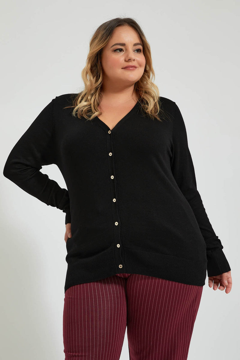 Redtag-Black-V-Neck-Cardigan-Colour:Black,-Deals:20%OFF,-Filter:Plus-Size,-LDP-Cardigans,-New-In,-New-In-LDP,-Non-Sale,-Section:Women,-TBL,-W21B-Women's-