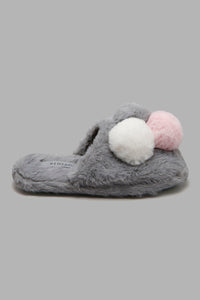 Redtag-Grey-Slipper-With-Pom-Pom-Trim-Slippers-Women's-