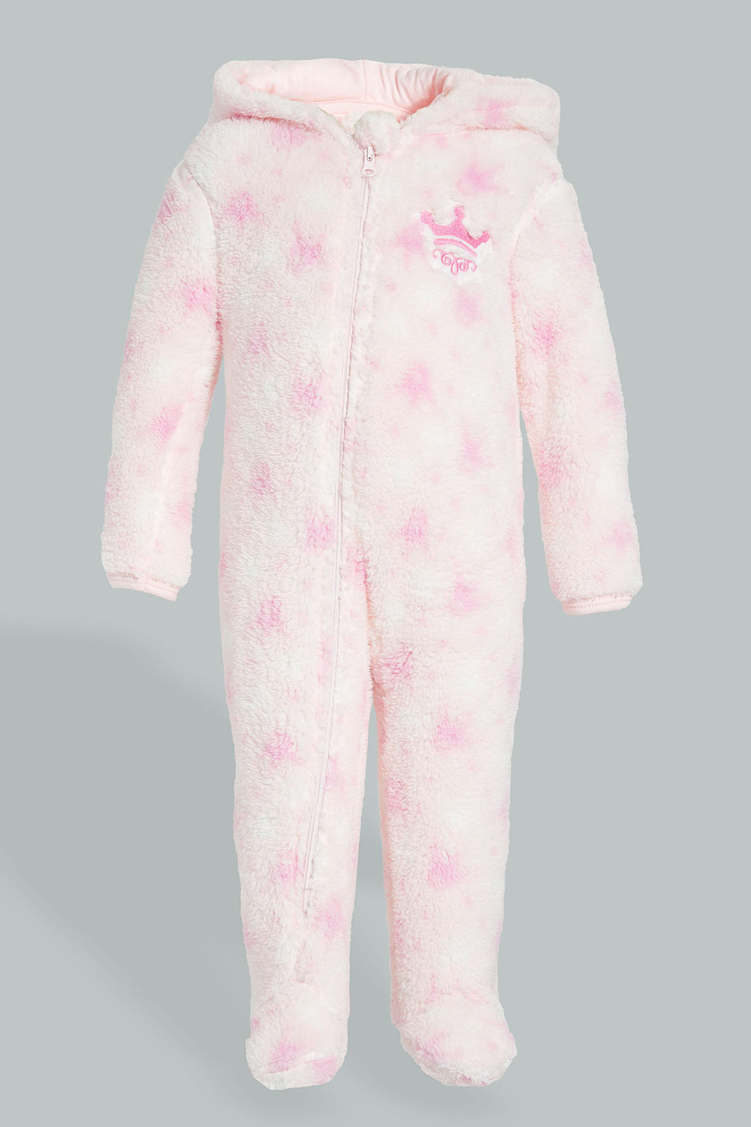 Redtag-Pink-Crown--Hooded-Fluffy-Coat-Coats-Baby-0 to 12 Months