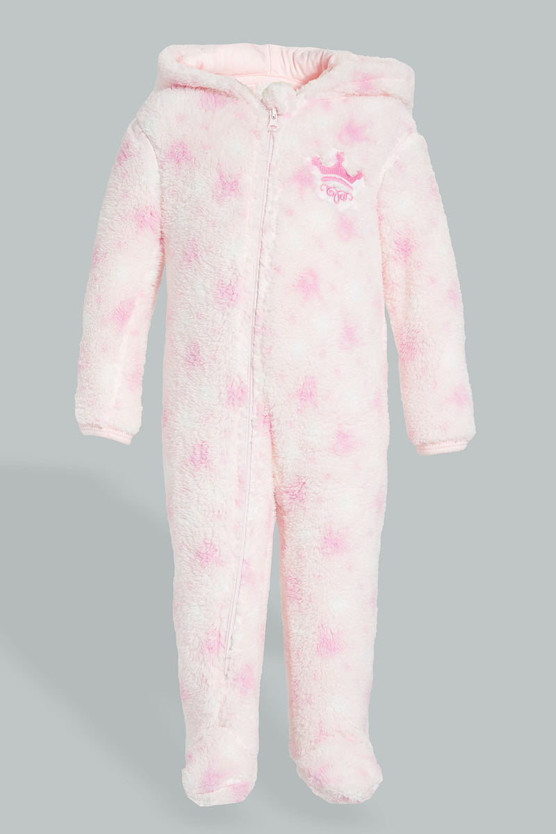 Redtag-Pink-Crown--Hooded-Fluffy-Coat-Coats-Baby-0 to 12 Months