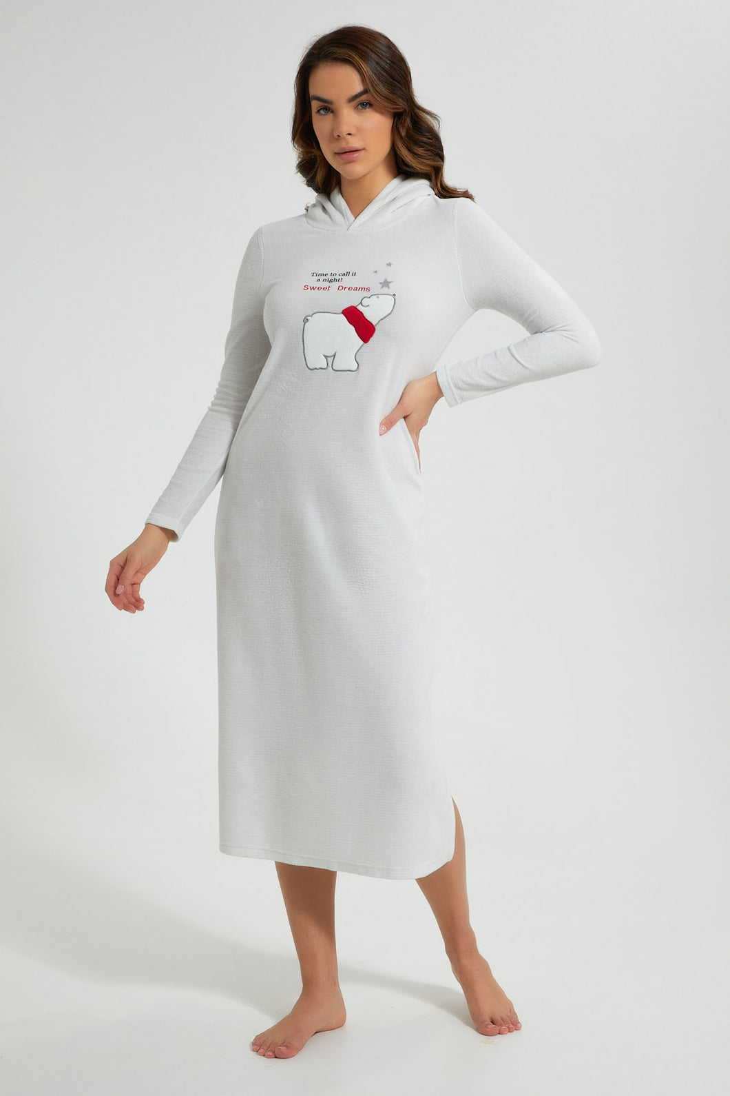 Redtag-Grey-Melange-Placement-Printed-Nightgown-With-Hoodie-Nightgowns-Women's-