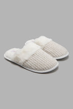 Load image into Gallery viewer, Redtag-Ivory-Chenille-Slipper-With-Fur-Trim-Slippers-Women&#39;s-
