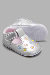 Redtag-Silver-Pram-Shoe-With-Floral-Embroidred-Colour:Silver,-Filter:Baby-Footwear-(0-to-18-Mths),-NBF-Casual-Shoes,-New-In,-New-In-NBF-FOO,-Non-Sale,-W21B-Baby-0 to 18 Months