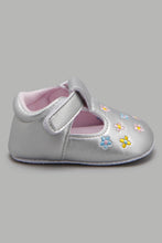 Load image into Gallery viewer, Redtag-Silver-Pram-Shoe-With-Floral-Embroidred-Colour:Silver,-Filter:Baby-Footwear-(0-to-18-Mths),-NBF-Casual-Shoes,-New-In,-New-In-NBF-FOO,-Non-Sale,-W21B-Baby-0 to 18 Months
