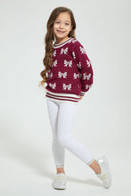 Load image into Gallery viewer, Redtag-Burgandy-Bow-Jacquard-Pullover-Colour:Burgundy,-Filter:Girls-(2-to-8-Yrs),-Girls-Pullovers,-New-In,-New-In-GIR,-Non-Sale,-Section:Kidswear,-TBL,-W21B-Girls-2 to 8 Years
