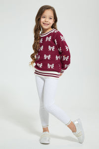 Redtag-Burgandy-Bow-Jacquard-Pullover-Colour:Burgundy,-Filter:Girls-(2-to-8-Yrs),-Girls-Pullovers,-New-In,-New-In-GIR,-Non-Sale,-Section:Kidswear,-TBL,-W21B-Girls-2 to 8 Years