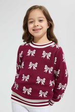 Load image into Gallery viewer, Redtag-Burgandy-Bow-Jacquard-Pullover-Colour:Burgundy,-Filter:Girls-(2-to-8-Yrs),-Girls-Pullovers,-New-In,-New-In-GIR,-Non-Sale,-Section:Kidswear,-TBL,-W21B-Girls-2 to 8 Years
