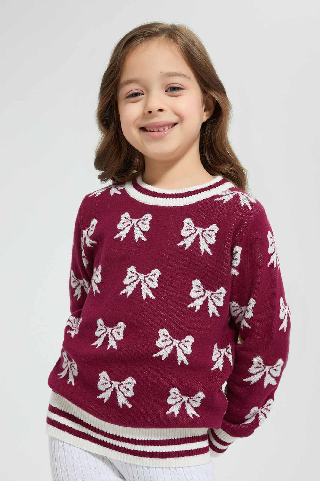 Redtag-Burgandy-Bow-Jacquard-Pullover-Colour:Burgundy,-Filter:Girls-(2-to-8-Yrs),-Girls-Pullovers,-New-In,-New-In-GIR,-Non-Sale,-Section:Kidswear,-TBL,-W21B-Girls-2 to 8 Years