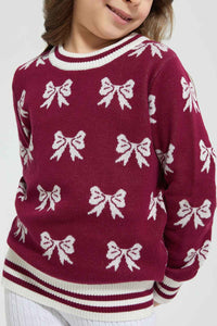 Redtag-Burgandy-Bow-Jacquard-Pullover-Colour:Burgundy,-Filter:Girls-(2-to-8-Yrs),-Girls-Pullovers,-New-In,-New-In-GIR,-Non-Sale,-Section:Kidswear,-TBL,-W21B-Girls-2 to 8 Years