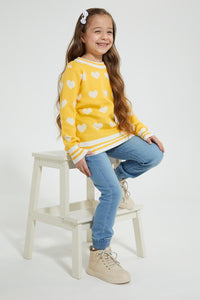 Redtag-Mustard-Heart-Jacquard-Pullover-Colour:Mustard,-Filter:Girls-(2-to-8-Yrs),-Girls-Pullovers,-New-In,-New-In-GIR,-Non-Sale,-Section:Kidswear,-TBL,-W21B-Girls-2 to 8 Years