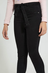 Redtag-Black-Paperbagwaist-Jegging-With-Belt-Jeggings-Senior-Girls-9 to 14 Years