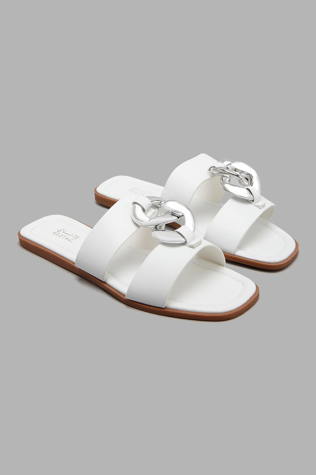 Redtag-White-Mule-With-Silver-Chain-Trim-Character,-Colour:White,-Filter:Women's-Footwear,-New-In,-New-In-Women-FOO,-Non-Sale,-W21B,-Women-Casual-Sandals-Women's-