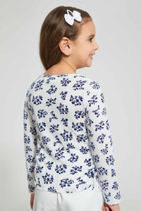 Redtag-Navy-Printed-Floral-Drop-Needle-T-Shirt-Long-Sleeves-Girls-2 to 8 Years