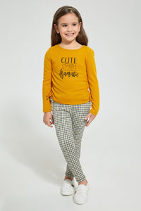 Redtag-Mustard-Solid-Drop-Needle-T-Shirt-Long-Sleeves-Girls-2 to 8 Years