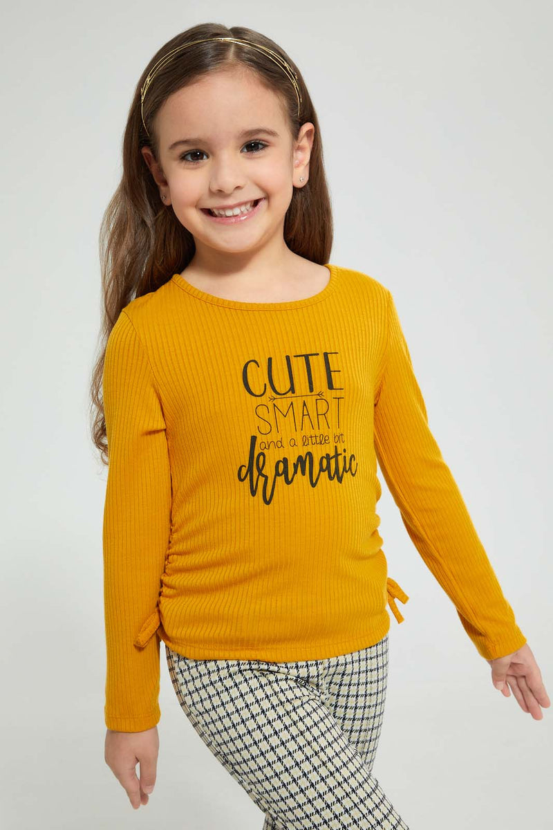 Redtag-Mustard-Solid-Drop-Needle-T-Shirt-Long-Sleeves-Girls-2 to 8 Years