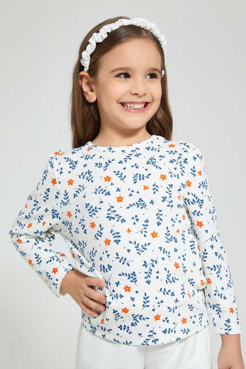 Redtag-Cream-Printed-Floral-Drop-Needle-T-Shirt-Long-Sleeves-Girls-2 to 8 Years