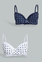 Load image into Gallery viewer, Redtag-Navy/White-Flock-Printed-Padded-T-Shirt-Bra-(2-Pack)-T-Shirt-Bras-Women's-
