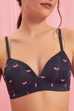 Load image into Gallery viewer, Redtag-Dark-Grey-Printed/Red/Pale-Blue-Plain-Padded-Non-Wired-Bra-(3-Pack)-Padded-Non-Wired-Women&#39;s-
