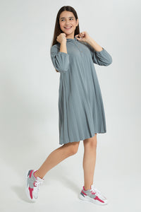 Redtag-Grey-Pleated-Hooded-Dress-Dresses-Senior-Girls-9 to 14 Years