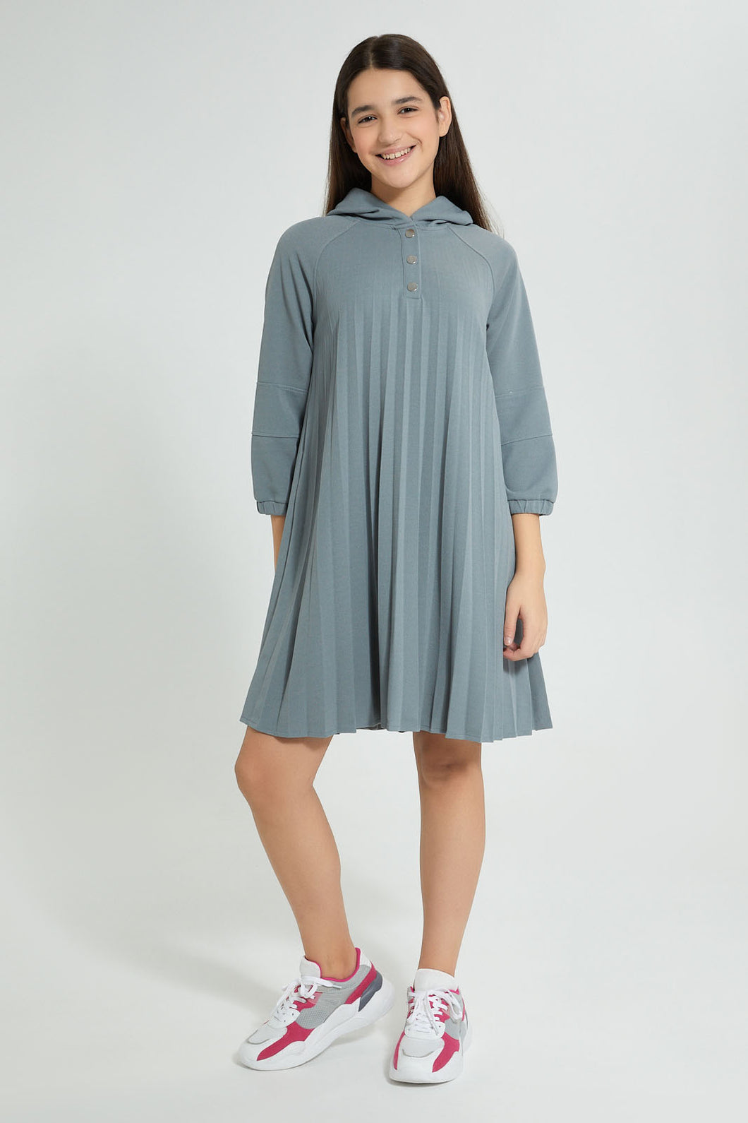 Redtag-Grey-Pleated-Hooded-Dress-Dresses-Senior-Girls-9 to 14 Years