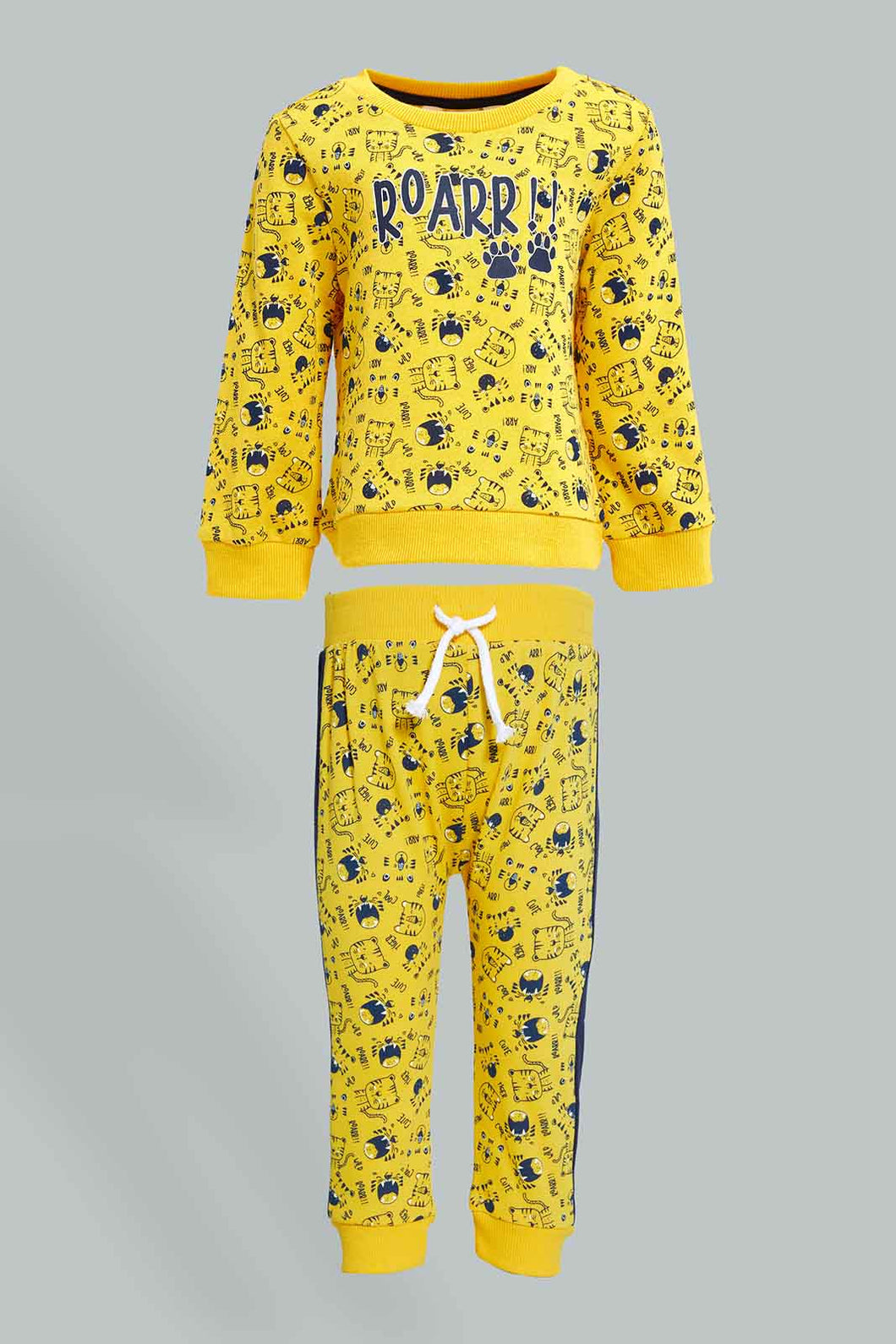 Redtag-Mustard-Roar-Printed-Sweatshirt-With-Track-Active-Jog-Set-Colour:Mustard,-Filter:Infant-Boys-(3-to-24-Mths),-Infant-Boys-Sets,-New-In,-New-In-INB,-Non-Sale,-Section:Kidswear,-W21B-Infant-Boys-3 to 24 Months