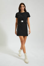 Load image into Gallery viewer, Redtag-Black-Striped-Belted-Short-Dress-Colour:Black,-Filter:Women&#39;s-Clothing,-New-In,-New-In-Women,-Non-Sale,-Section:Women,-W21B,-Women-Dresses-Women&#39;s-
