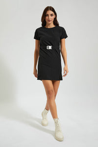 Redtag-Black-Striped-Belted-Short-Dress-Colour:Black,-Filter:Women's-Clothing,-New-In,-New-In-Women,-Non-Sale,-Section:Women,-W21B,-Women-Dresses-Women's-