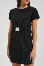 Load image into Gallery viewer, Redtag-Black-Striped-Belted-Short-Dress-Colour:Black,-Filter:Women&#39;s-Clothing,-New-In,-New-In-Women,-Non-Sale,-Section:Women,-W21B,-Women-Dresses-Women&#39;s-
