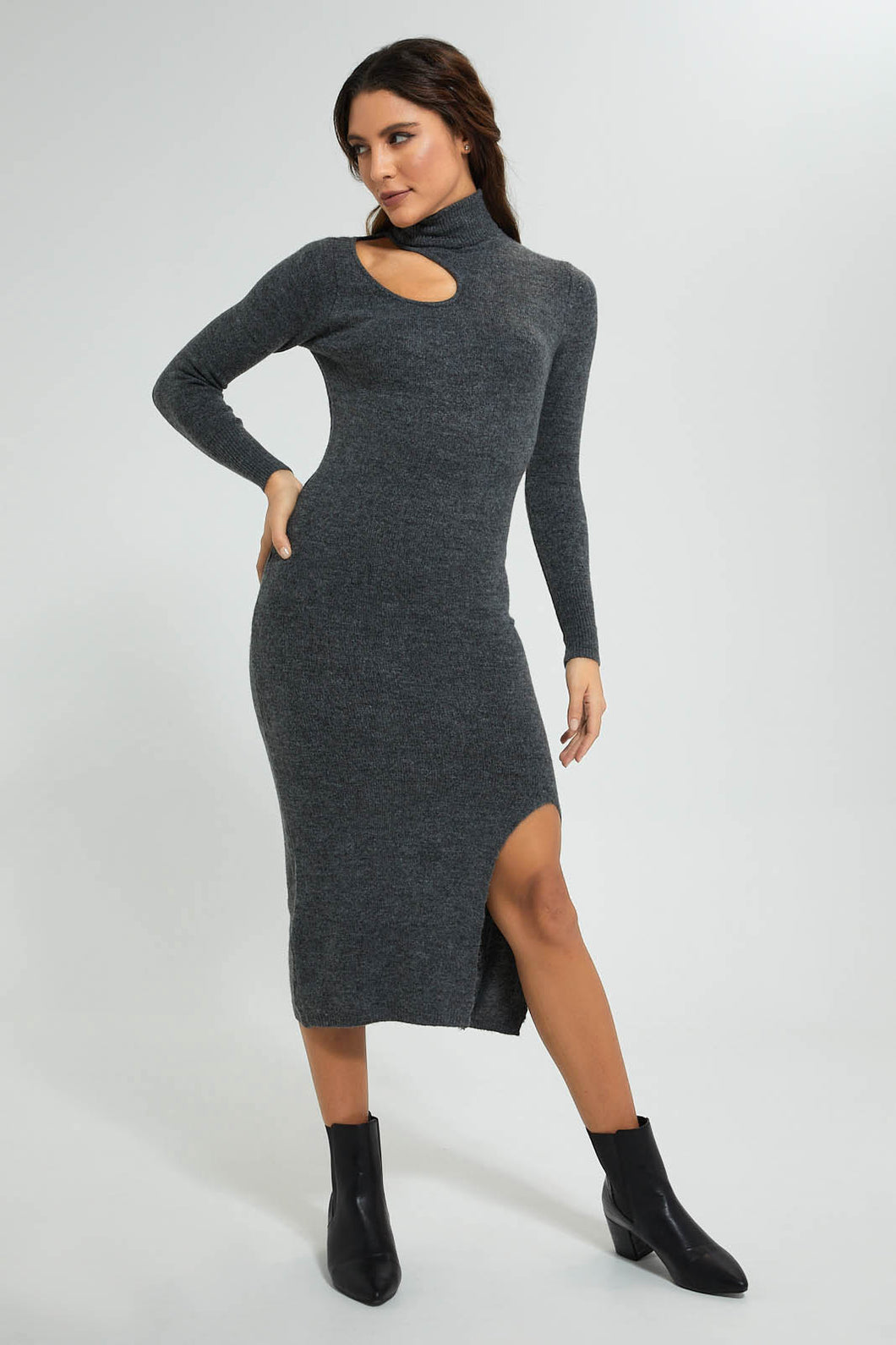 Redtag-Grey-Neck-Detail-Bodycon-Dress-Colour:Grey,-Filter:Women's-Clothing,-New-In,-New-In-Women,-Non-Sale,-Section:Women,-W21B,-Women-Dresses-Women's-