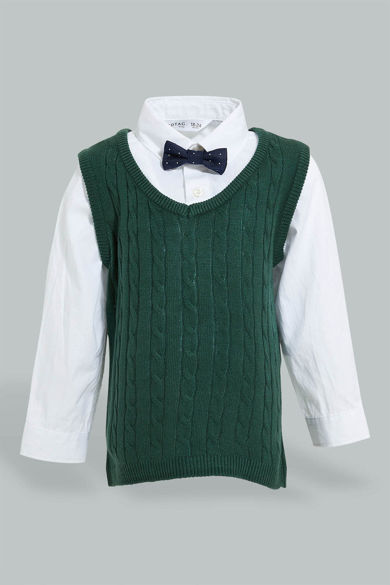 Redtag-Green-Pull-Over-With-Shirt-And-Bow-Casual-Set-Sets-Infant-Boys-3 to 24 Months
