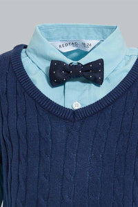 Redtag-Navy-Pull-Over-With-Shirt-And-Bow-Casual-Set-Sets-Infant-Boys-3 to 24 Months