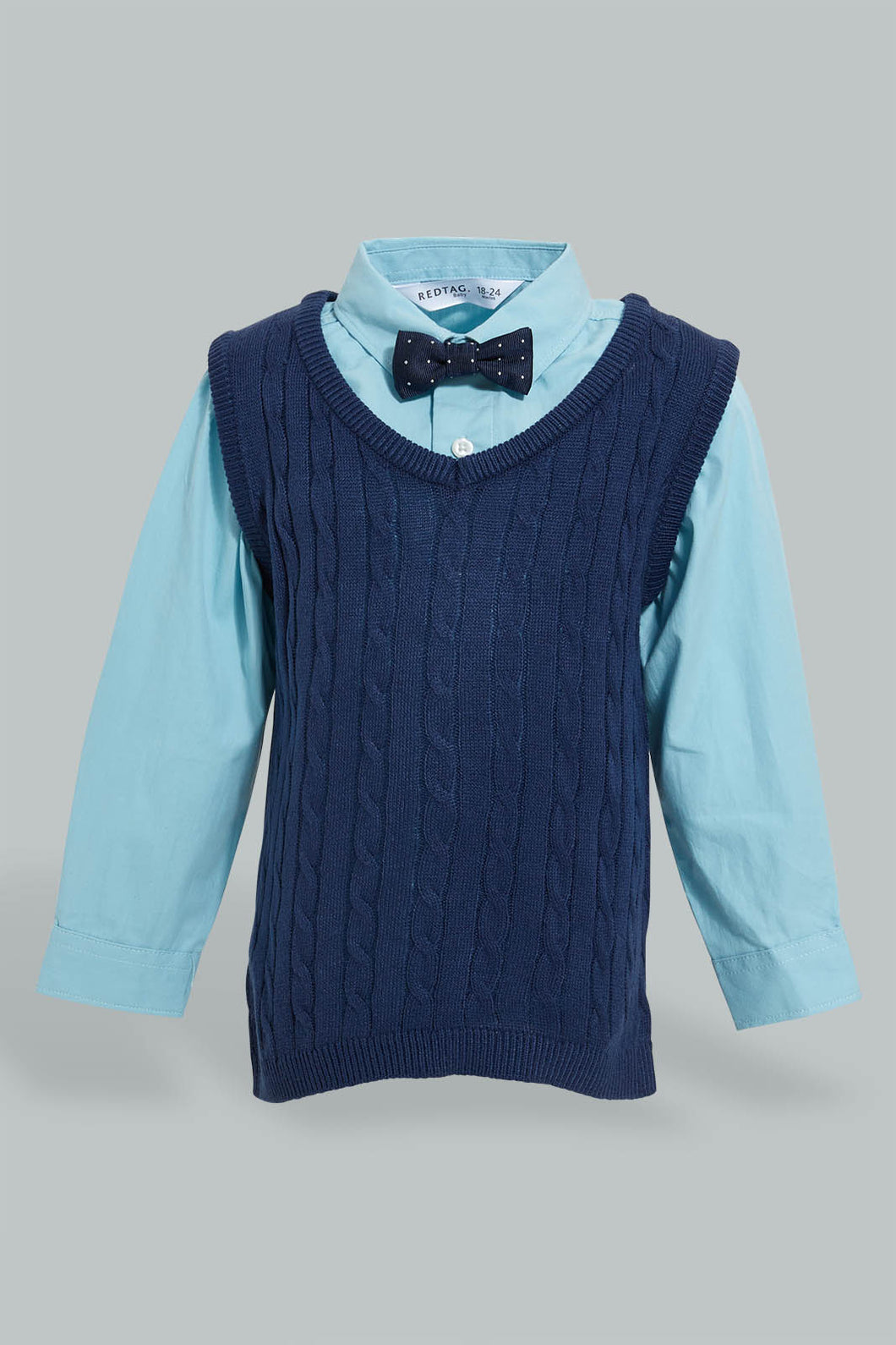Redtag-Navy-Pull-Over-With-Shirt-And-Bow-Casual-Set-Sets-Infant-Boys-3 to 24 Months